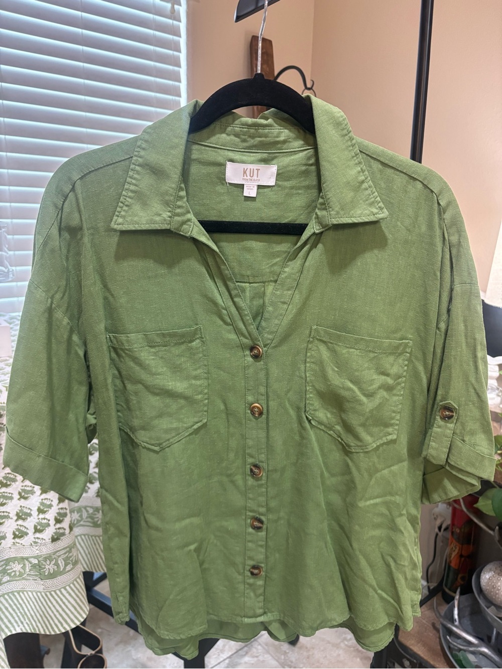 Title: KUT from the Kloth Green Linen Blend Roll-Tab Utility Shirt